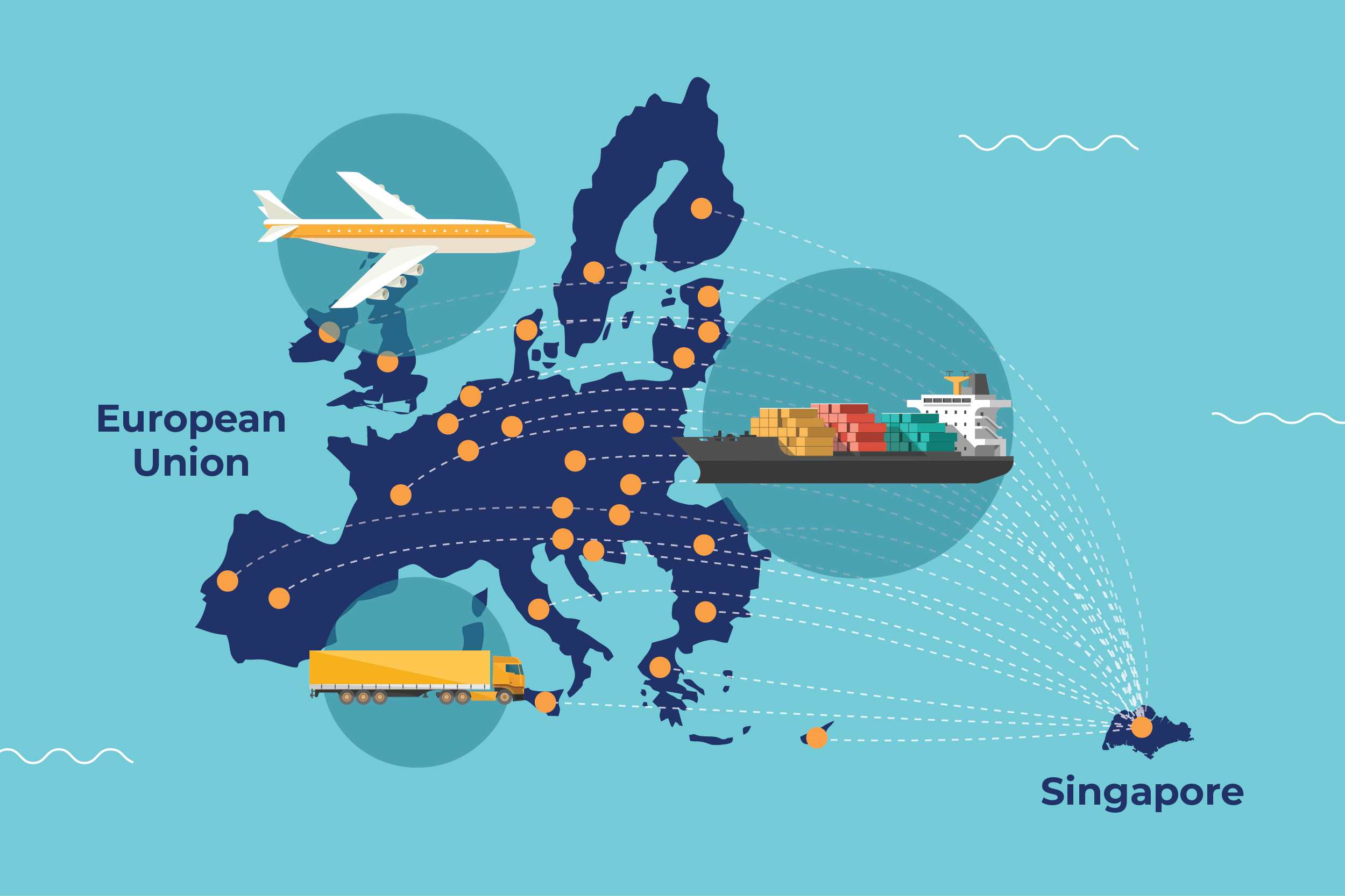 Illustration showing trade routes from Europe to Singapore by ship, air, and land.